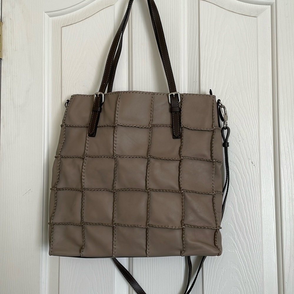 Gianni Conti Italian Taupe Beige Leather Patchwork Boho Satchel Tote Bag - Picture 3 of 10